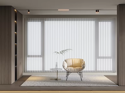Modern Interior Featuring White Venetian Blinds Accent Chair Side Table And Green Plant 3d model