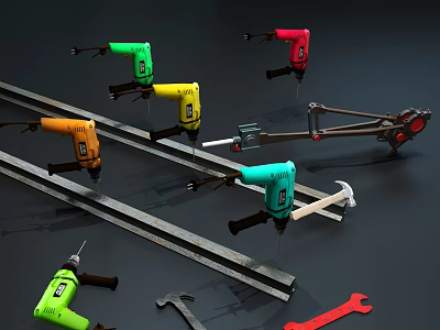 Industrial Equipment Showcasing Green Yellow Red Blue Drills Wrenches Hammers And Metal Rods 3d model
