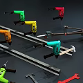 Industrial Equipment Showcasing Green Yellow Red Blue Drills Wrenches Hammers And Metal Rods