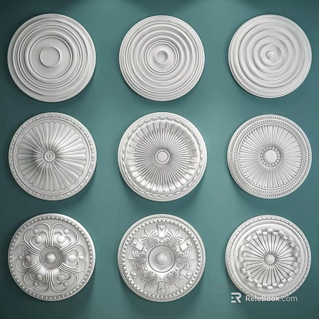 Multiple White Ceiling Medallions With Various Designs Arranged On Green Background 3d model 