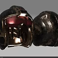 Two Vintage Worn Helmets With Red Interior Displayed On White Background 3d model