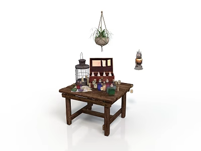 Rustic Wooden Table with Decorative Items Hanging Plant Birdcage Photo Frame and Small Bottles 3d model