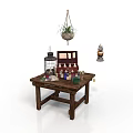 Rustic Wooden Table with Decorative Items Hanging Plant Birdcage Photo Frame and Small Bottles