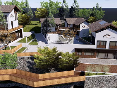 Garden Wall Landscape Design in Residential Area With Trees Lawns and Wooden Deck 3d model