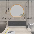 Modern Bathroom Interior Design With Freestanding Bathtub Round Mirror And Glass Shower