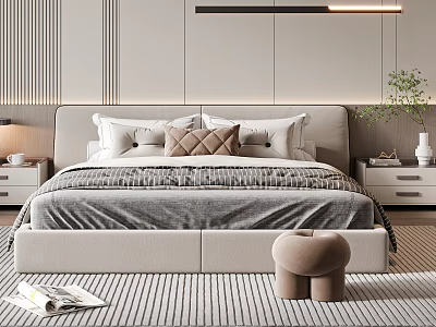 Modern Double Bed Bedroom Interior With Upholstered Headboard Pillows Blanket And Nightstands Stool Rug 3d model