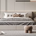Modern Double Bed Bedroom Interior With Upholstered Headboard Pillows Blanket And Nightstands Stool Rug