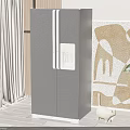 Gray Double Door Refrigerator With Water Dispenser In Room With Abstract Painting And Cat Figurine
