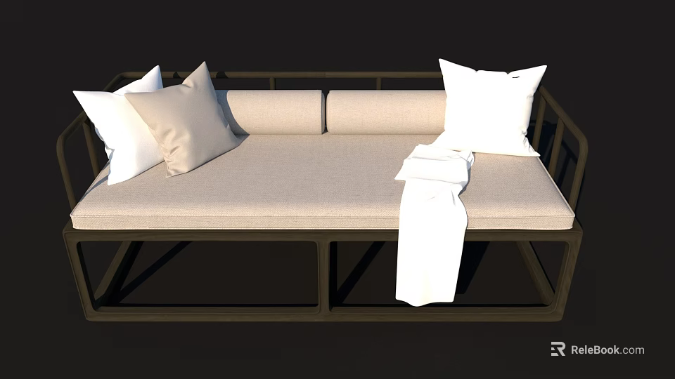 Modern Sectional Sofa With White Pillows And Blanket On Dark Frame 3d model