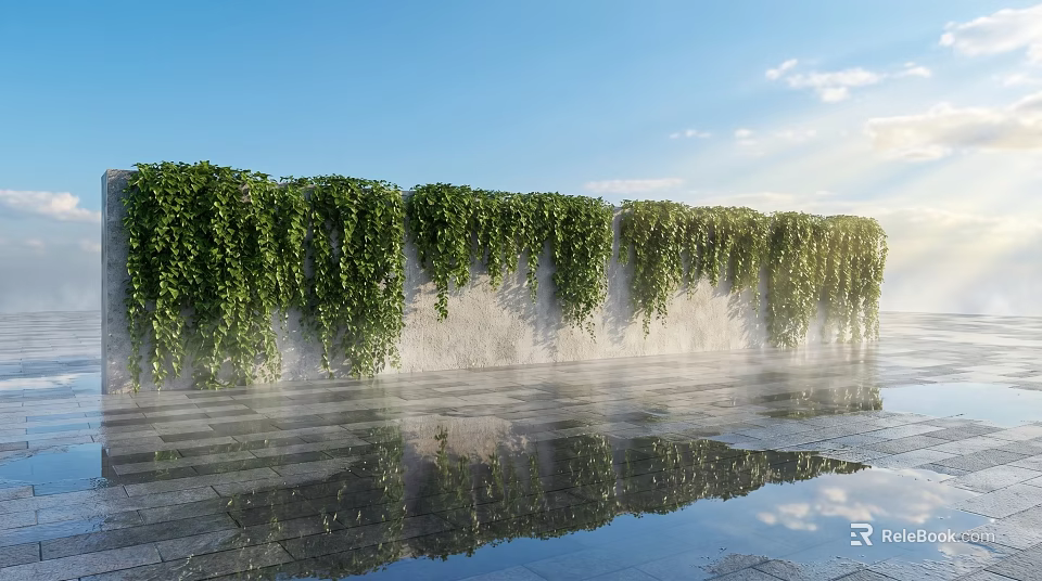 Lush Vines Covering Stone Wall with Blue Sky White Clouds Reflected in Puddle 3d model 