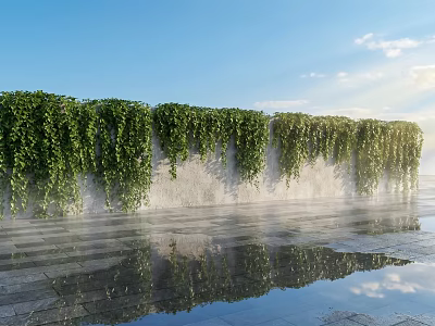 Lush Vines Covering Stone Wall with Blue Sky White Clouds Reflected in Puddle 3d model