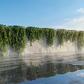 Lush Vines Covering Stone Wall with Blue Sky White Clouds Reflected in Puddle