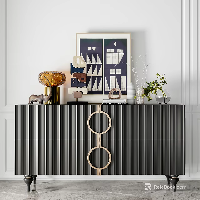 Stylish Black Striped Console Cabinet With Gold Circular Accents Decorative Painting And Green Plants 3d model 
