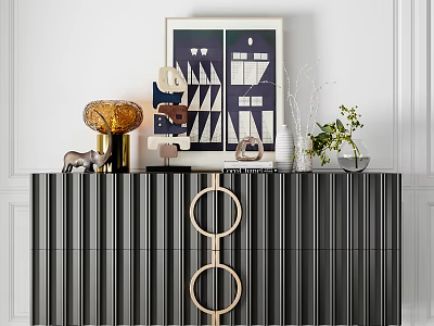 Stylish Black Striped Console Cabinet With Gold Circular Accents Decorative Painting And Green Plants 3d model