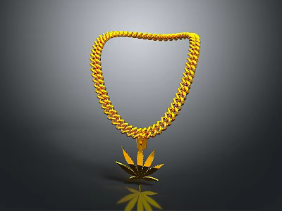 Gold Chain Necklace with Thick Link Design and Marijuana Leaf Pendant Hip Hop Accessory 3d model