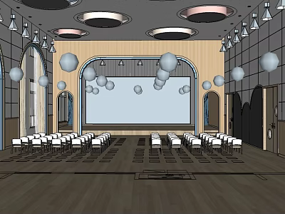 Kindergarten Activity Room Interior With Neatly Arranged White Chairs Hanging Spheres And Circular Ceiling Lights 3d model