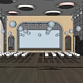 Kindergarten Activity Room Interior With Neatly Arranged White Chairs Hanging Spheres And Circular Ceiling Lights