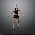 Woman In Black Top And Short Skirt Standing With Arms Outstretched On Gray Background