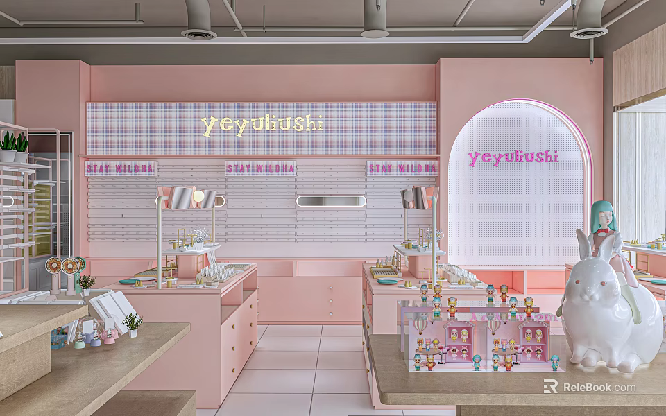 Yeyuhaoshi Retail Store in Shopping Mall with Pink Interior Display Shelves and Cute Rabbit Decor 3d model 
