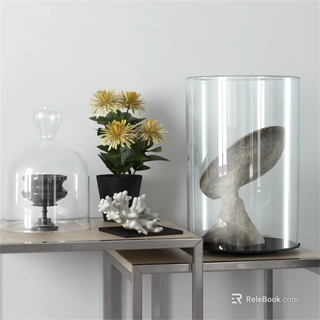 Stylish Interior Decor Collection with Glass Cloche Yellow Flowers Coral Fish Fin Sculpture and Transparent Container 3d model 
