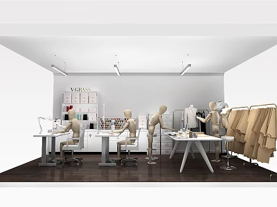Creative Public Office Space With Worktables Mannequins Hanging Fabric And Design Boards 3d model