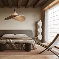 Modern Bedroom Interior With Wooden Ceiling Beams Pendant Light Bed Wardrobe Rug And Natural Light