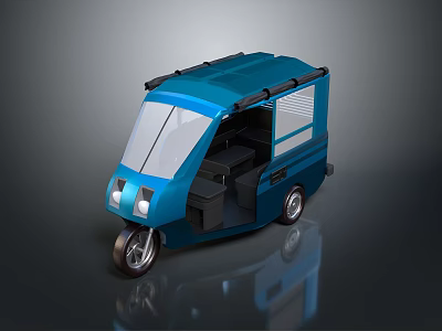 Blue Modern Tricycle With Cab Side Window And Roof Rack Design 3d model