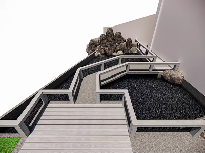 Garden Landscape With Wooden Steps White Railings Black Gravel And Rockery Stones 3d model