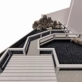 Garden Landscape With Wooden Steps White Railings Black Gravel And Rockery Stones
