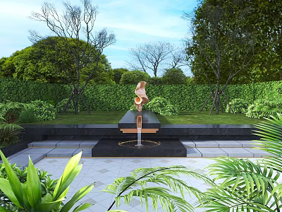 Garden Landscape With Sculpture Stone Slab Floor Lawn Steps Neatly Trimmed Hedge And Blue Sky 3d model