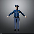 Man In Blue Police Uniform With Hat Standing Arms Outstretched On Gray Background