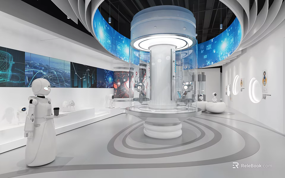 Modern Hi Tech Exhibition Hall With Circular Screens White Robot And Round Display Platform 3d model 