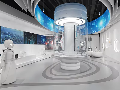 Modern Hi Tech Exhibition Hall With Circular Screens White Robot And Round Display Platform 3d model