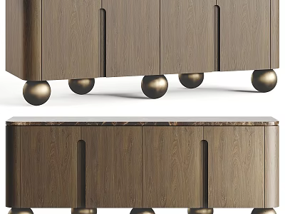 Elegant Modern Wooden Sideboard With Golden Spherical Legs And Marble Top 3d model