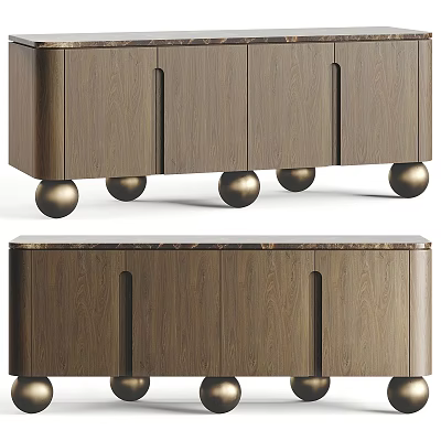 Elegant Modern Wooden Sideboard With Golden Spherical Legs And Marble Top 3d model