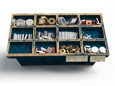 Parts Storage Box With Coins Bolts Nuts Washers Metal Strips And Wooden Blocks 3d model