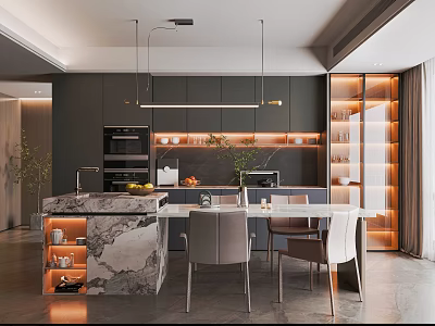 Luxury Minimalist Restaurant with Open Kitchen Design Marble Island Dark Cabinets and Pendant Lights 3d model