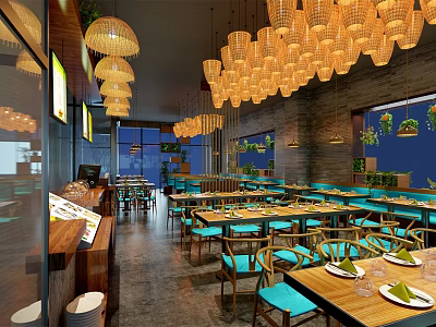 Modern Restaurant Interior With Hanging Chandeliers Blue Chairs And Wooden Tables 3d model
