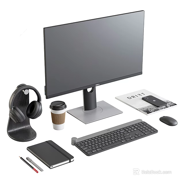 Modern Desktop Computer Setup with Monitor Keyboard Mouse Headphones Coffee Cup and Notebook 3d model 