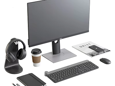 Modern Desktop Computer Setup with Monitor Keyboard Mouse Headphones Coffee Cup and Notebook 3d model