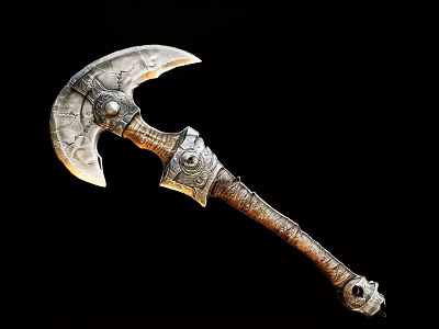 Antique Metal Decorative Ornament Sculpture Set Featuring Carved Axe Head And Intricate Handle Design 3d model