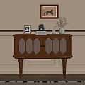 Classic Wooden Sideboard with Photo Horse Figurine Books Vase on Beige Wall and Art
