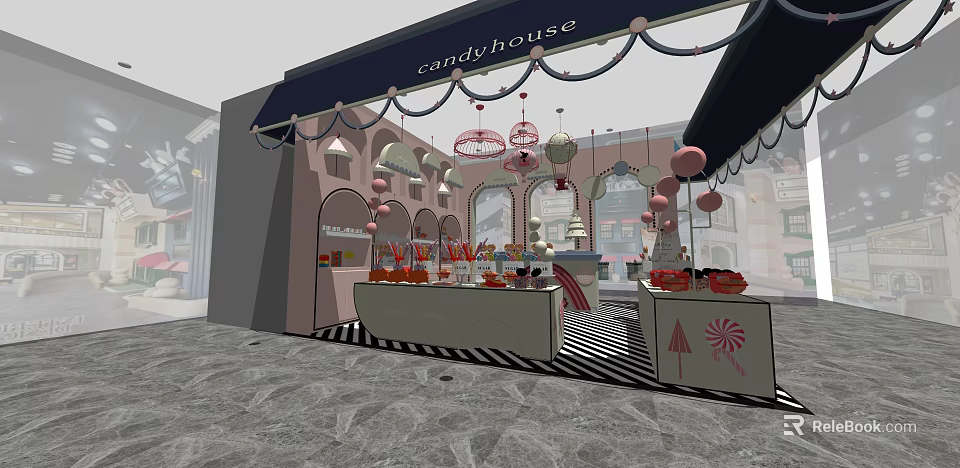 Candy House Mall Shop Featuring Colorful Candy Displays And Decorative Chandeliers 3d model 