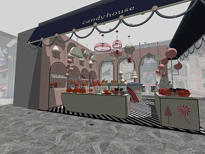 Candy House Mall Shop Featuring Colorful Candy Displays And Decorative Chandeliers 3d model