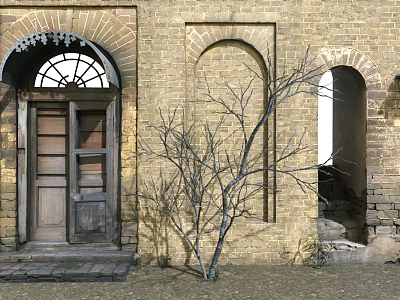 Ancient Architecture Exterior Featuring Brick Wall Arched Doorway Wooden Door And Bare Tree 3d model