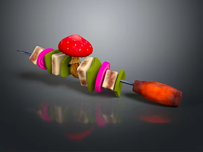 Colorful Food Skewer With Red Mushroom Green Cubes Pink Rings And Orange Tip 3d model