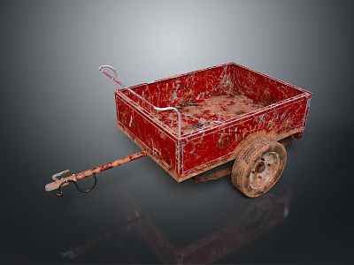 Red Rusty Old Trailer With Metal Frame Wheels And Tow Hitch 3d model