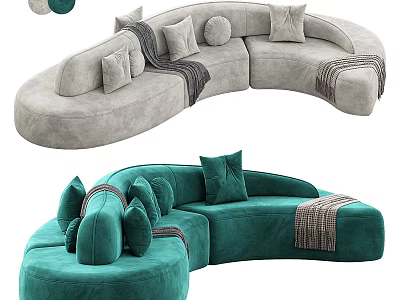 Gray and Teal Velvet Sectional Sofa with Curved Design Pillows and Throw Blankets 3d model