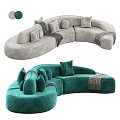 Gray and Teal Velvet Sectional Sofa with Curved Design Pillows and Throw Blankets