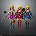 Three Blonde Women Characters Posing In Different Fantasy Costumes With Weapons